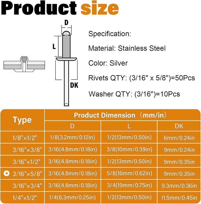 JTAREA 3/16" x 5/8" Stainless Steel Pop Rivets with Stainless Steel Washers 4.8 x 16mm Blind Rivet Assortment Kit (Pack of 60pcs) - Image 2